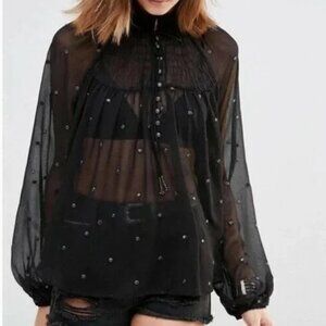 Free People Black Sheer Ready to Run Dobby Smocked Tie Front Long Sleeve Blouse